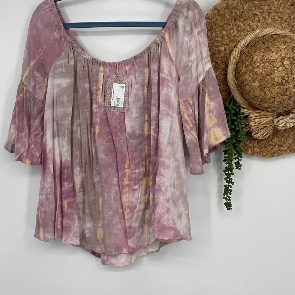 Hem & Thread Tie‎ Dye Bell Sleeve Swing Top Off Shoulder Mauve Pink M New